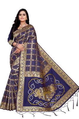 Navy Blue Bandhani Zari Work Banarasi Silk Saree With Blouse 2