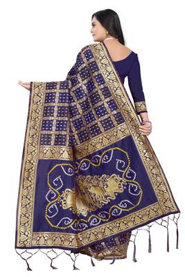 Navy Blue Bandhani Zari Work Banarasi Silk Saree With Blouse 3
