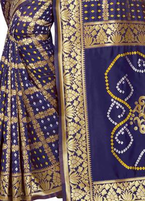 Navy Blue Bandhani Zari Work Banarasi Silk Saree With Blouse 5