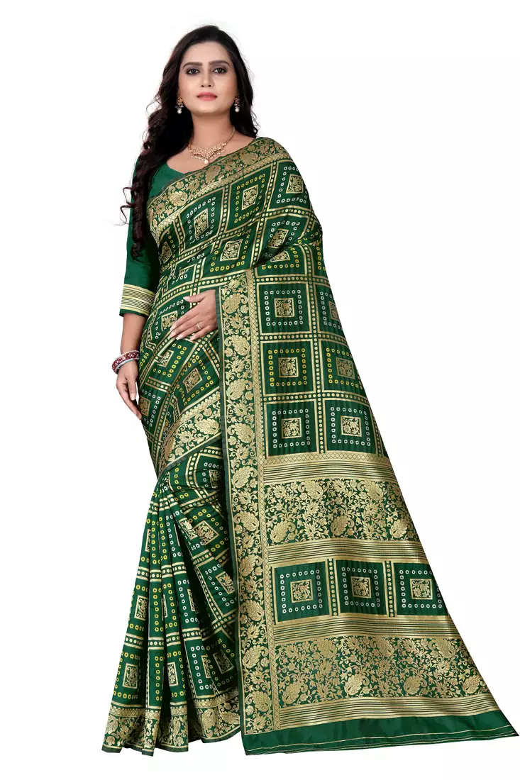 Green Zari Woven Banarasi Silk Bandhani Saree With Blouse