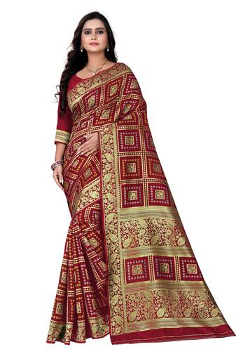 Maroon Zari Woven Banarasi Silk Bandhani Saree With Blouse