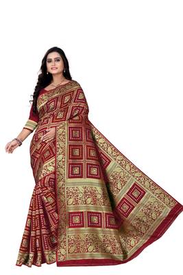 Maroon Zari Woven Banarasi Silk Bandhani Saree With Blouse 2