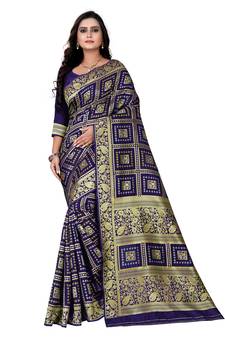 Navy Blue Zari Woven Banarasi Silk Bandhani Saree With Blouse