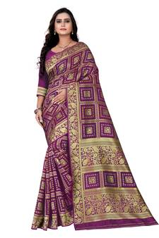 Wine Zari Woven Banarasi Silk Bandhani Saree With Blouse