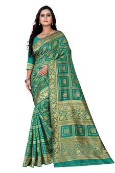 Rama Green Zari Woven Banarasi Silk Bandhani Saree With Blouse