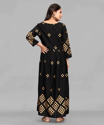 Black printed viscose rayon long-dresses 3