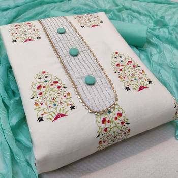Blue Embroidered Cotton Unstitched Salwar Kameez With Dupatta 1
