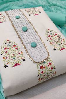 Blue Embroidered Cotton Unstitched Salwar Kameez With Dupatta