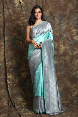 Sea Green silk saree with silver thread work and border 1