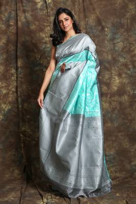 Sea Green silk saree with silver thread work and border 2