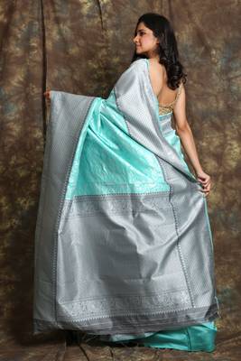 Sea Green silk saree with silver thread work and border 3