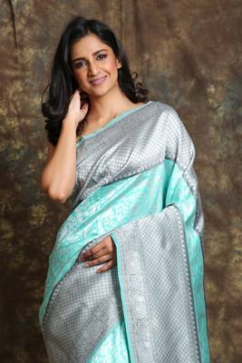 Sea Green silk saree with silver thread work and border 4