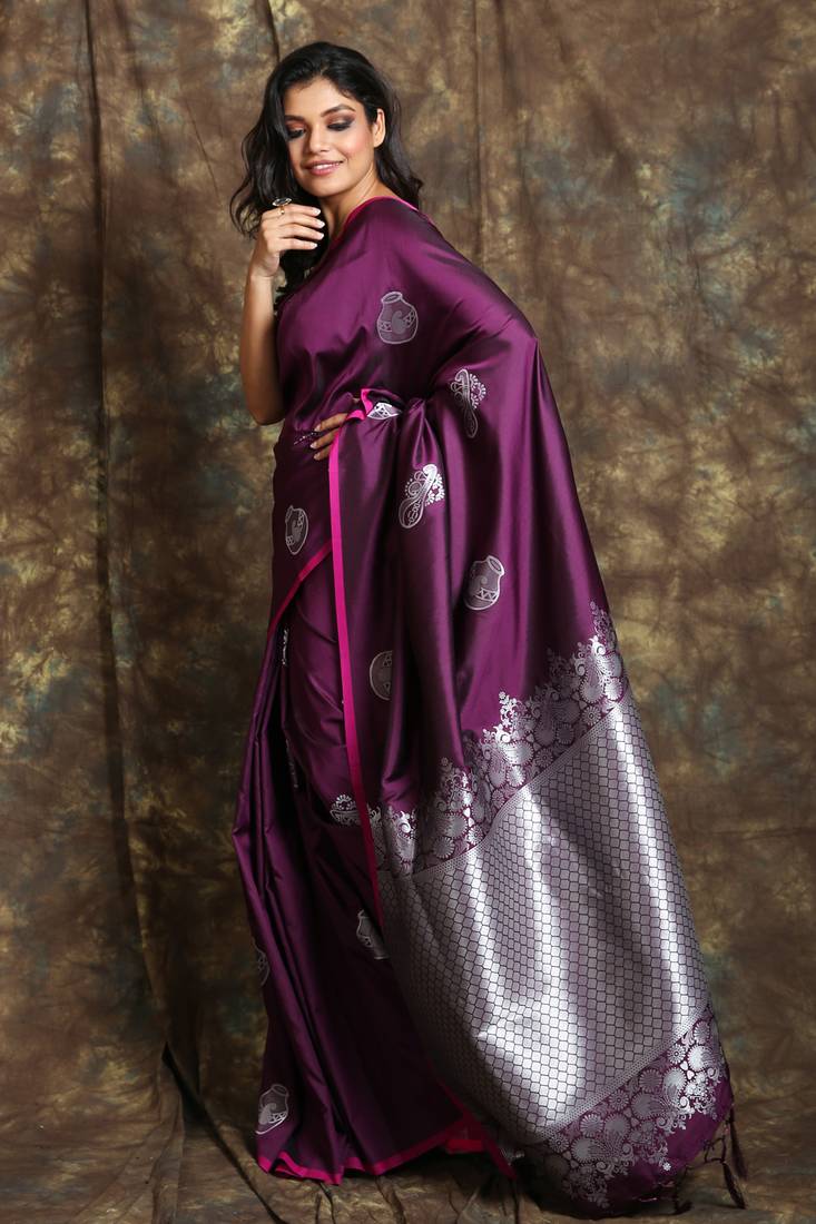 Dark Plum silk sarees with silver zari butta work IN WEAVE 3558725