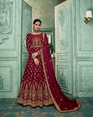 Maroon Embroidery Soft SIlk Georgette Stitching Anarkali heavy satoon Dress with Dupatta 1
