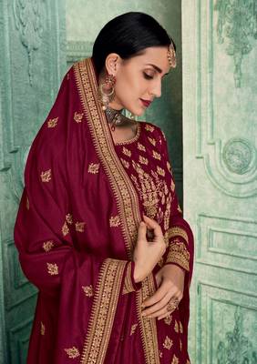 Maroon Embroidery Soft SIlk Georgette Stitching Anarkali heavy satoon Dress with Dupatta 3