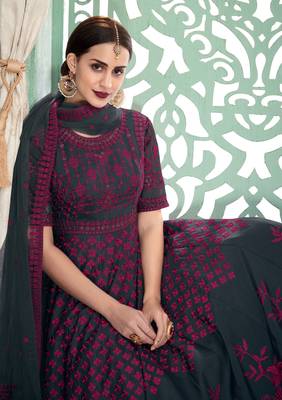 Grey Embroidery Soft SIlk Georgette Stitching Anarkali heavy satoon Dress with Dupatta 2