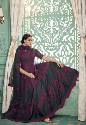 Grey Embroidery Soft SIlk Georgette Stitching Anarkali heavy satoon Dress with Dupatta 3