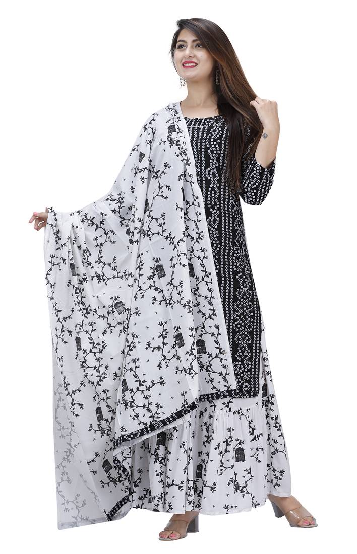 Women's Ethnic Rayon Bandhej Printed A-Line Kurti With Skirt & Dupatta Set