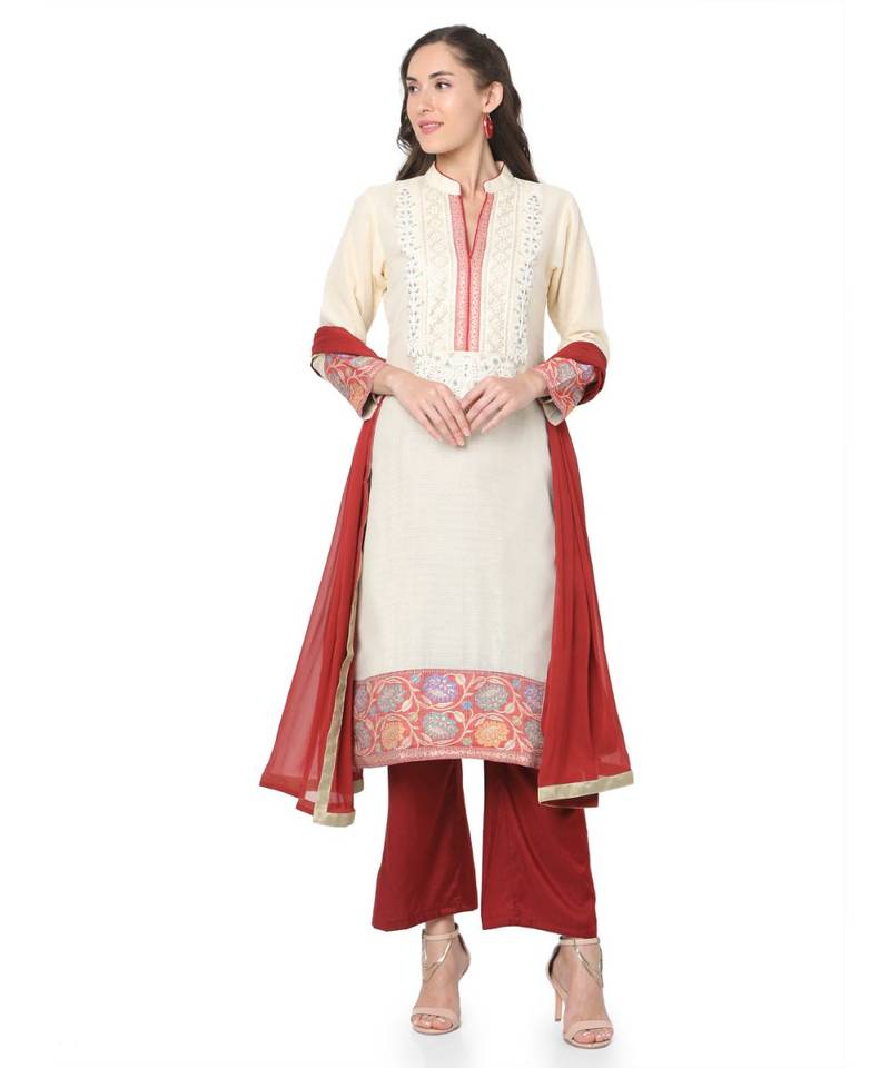 Women's Off White & Maroon Chanderi readymade salwar suit with dupatta