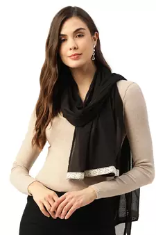 Anekaant Black & Cream Solid Cotton Scarf with Lace Border