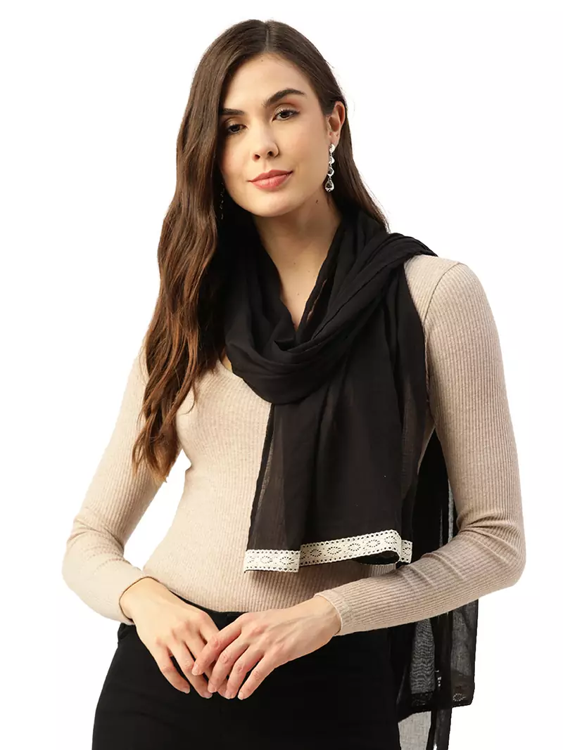 Anekaant Black & Cream Solid Cotton Scarf with Lace Border