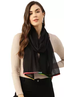 Anekaant Black & Multi Solid Cotton Scarf with Lace Border