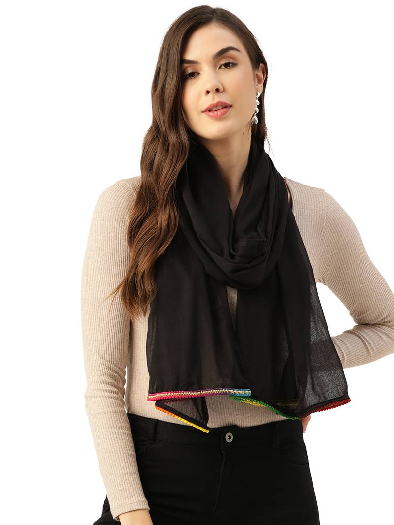 Anekaant Black & Multi Solid Cotton Scarf with Lace Border