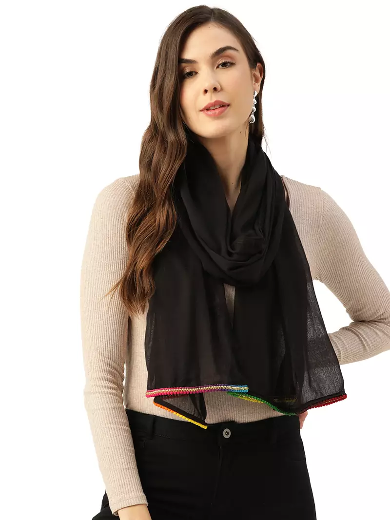 Anekaant Black & Multi Solid Cotton Scarf with Lace Border