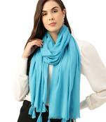 Anekaant Blue Solid Beaded Cotton Scarf with Tassels