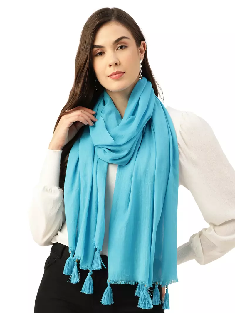 Anekaant Blue Solid Beaded Cotton Scarf with Tassels