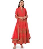 Women's Tomato Red Georgette Polly readymade a-line salwar suit with dupatta