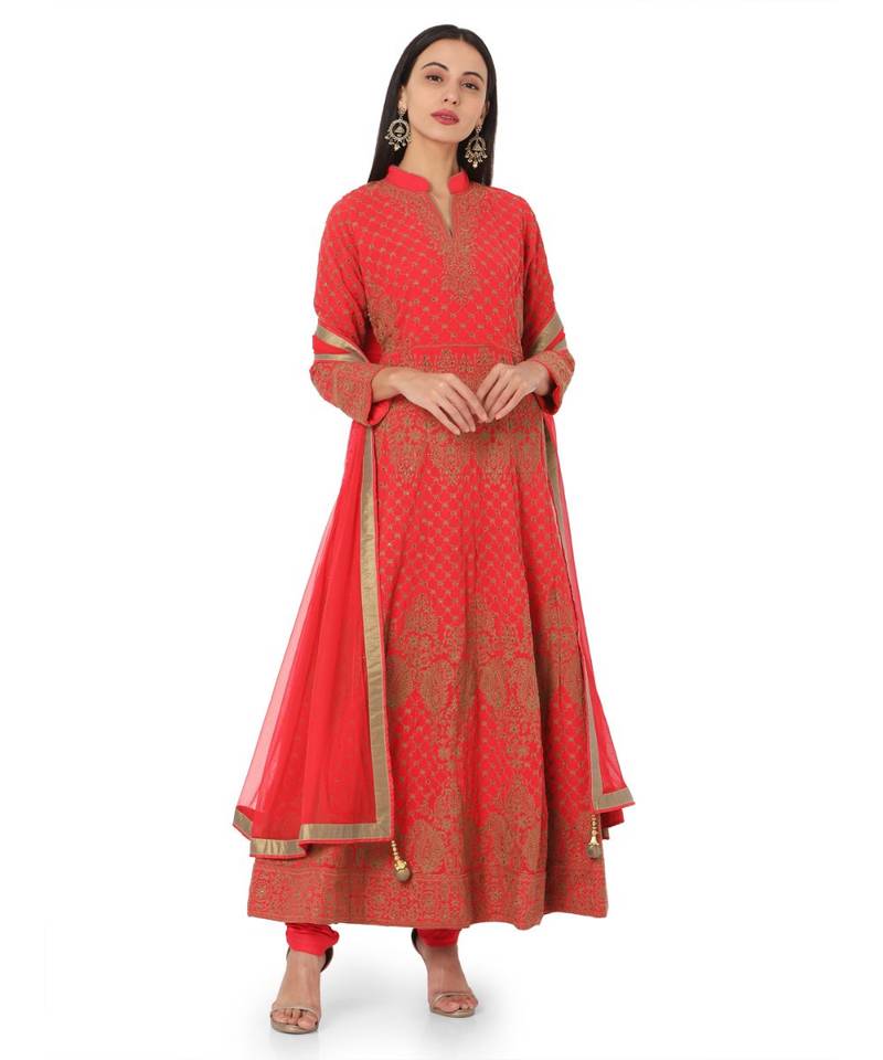 Women's Tomato Red Georgette Polly readymade a-line salwar suit with dupatta