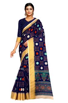 Blue printed pure polyester saree with blouse