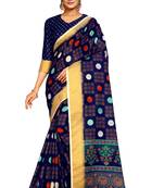 Blue printed pure polyester saree with blouse