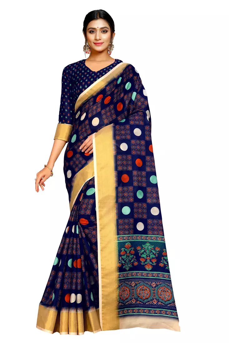 Blue printed pure polyester saree with blouse