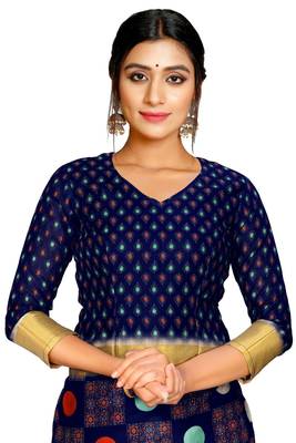 Blue printed pure polyester saree with blouse 5
