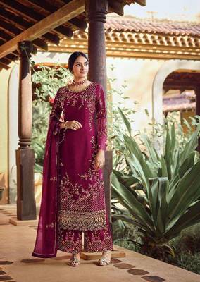 Pink Faux Georgette Shtraight cut Plazzo Style salwar kameez With Embroidery work 1