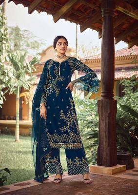 Aqua Blue Faux Georgette Shtraight cut Plazzo Style salwar kameez With Embroidery work 1