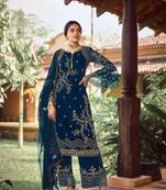 Aqua Blue Faux Georgette Shtraight cut Plazzo Style salwar kameez With Embroidery work