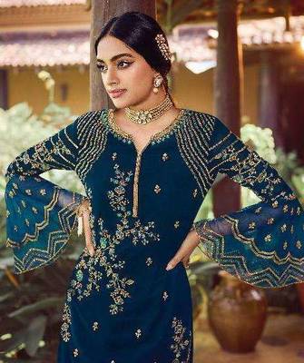 Aqua Blue Faux Georgette Shtraight cut Plazzo Style salwar kameez With Embroidery work 2