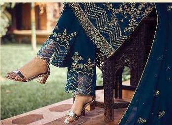 Aqua Blue Faux Georgette Shtraight cut Plazzo Style salwar kameez With Embroidery work 3