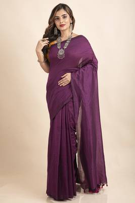 Egg Plant Mercerized Handloom Khadi Cotton Saree with Blouse Piece 1