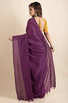 Egg Plant Mercerized Handloom Khadi Cotton Saree with Blouse Piece 2