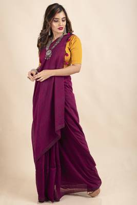 Egg Plant Mercerized Handloom Khadi Cotton Saree with Blouse Piece 3
