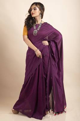 Egg Plant Mercerized Handloom Khadi Cotton Saree with Blouse Piece 4