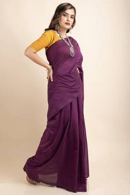 Egg Plant Mercerized Handloom Khadi Cotton Saree with Blouse Piece 5