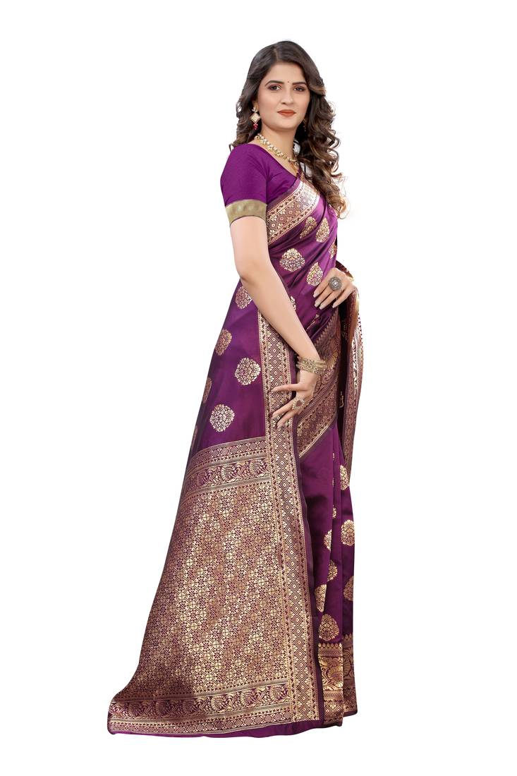Purple woven banarasi silk saree with blouse