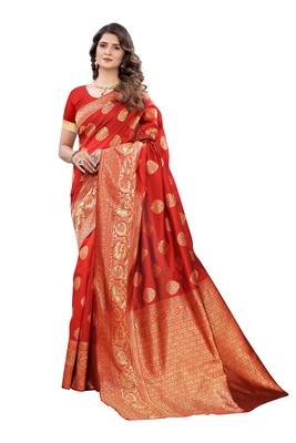 Red woven banarasi silk saree with blouse 1