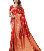 Red woven banarasi silk saree with blouse