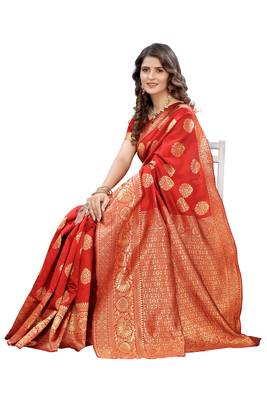 Red woven banarasi silk saree with blouse 3
